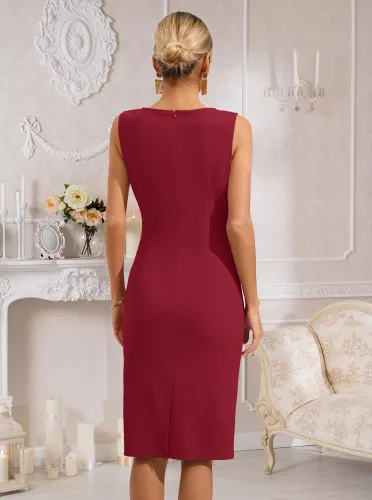 Vista 5 de oten Vestido de tubo para mujer, cuello redondo, sin mangas, fruncido, entallado, para trabajo, cóctel, fiesta