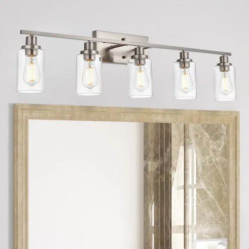 Vista 13 de MELUCEE Aplique de pared negro industrial vintage de 2 luces con pantalla de vidrio transparente y base de metal, luces de tocador de baño, apliques