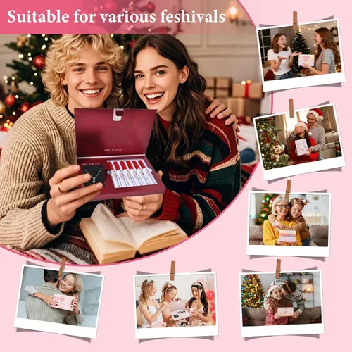 Vista 6 de Regalo de Navidad para mujer, juego de 7 cajas de regalo que incluye lápiz labial mate de terciopelo rojo y collar, fácil de combinar con diferentes