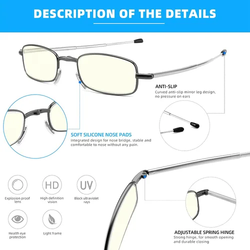 Vista 3 de touk Gafas de lectura plegables anti luz azul, almohadilla de nariz suave, bisagra de resorte, estuche portátil para hombres y mujeres, paquete de 2