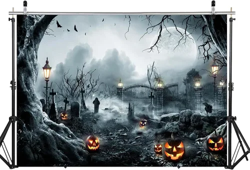 Vista 2 de LYWYGG Fondo de Halloween para fotografía, fondo nocturno de terror, telón de fondo de luna de calabaza aterradora para fiestas, suministros