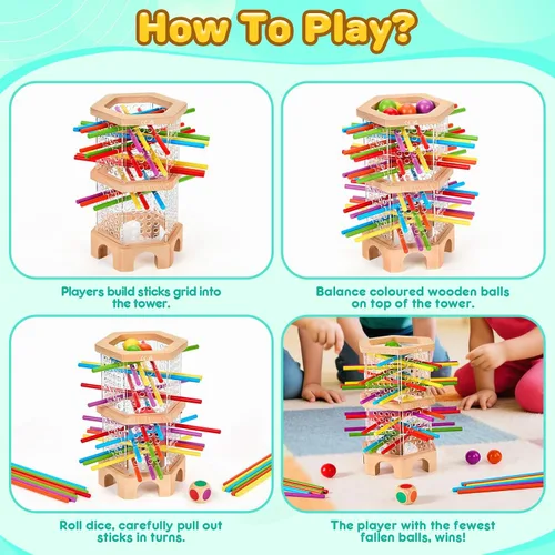 Vista 4 de Juego de mesa de madera Montessori, 42 dados de palos coloridos para niños de 3, 4, 5, 6 años, juguetes matemáticos educativos para habilidades