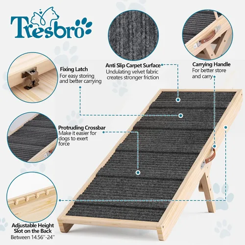 Vista 2 de Tresbro Rampa para perros para cama, 4 niveles ajustables de 14.56 a 24 pulgadas con alfombra antideslizante y asa de transporte, rampa portátil
