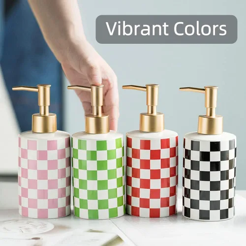 Vista 5 de Dispensador de jabón de cerámica a cuadros con bomba mate dorada a prueba de óxido, dispensador de jabón decorativo para baño o cocina