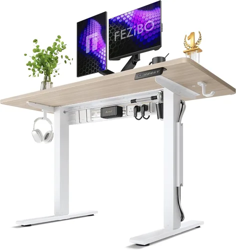 Vista 11 de FEZIBO Escritorio eléctrico de pie con barra transversal en forma de L y sistema de gestión de cables, escritorio de pie de 48 x 24 pulgadas
