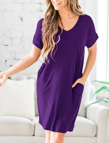Vista 2 de Ecolley Vestidos casuales de verano sueltos para mujer con bolsillos, cuello en V, vaporoso, vestido de playa, manga con puños, cómodo