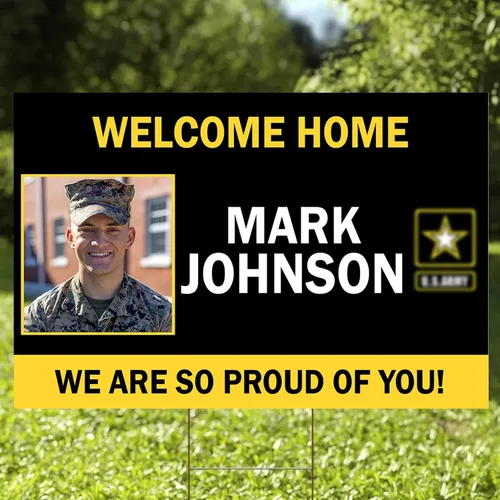 Vista 9 de Letrero militar personalizado de bienvenida a casa para patio con foto, cartel personalizado con nombre e imagen al aire libre para soldado, marino