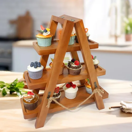 Vista 6 de Tnstbiee Soporte de Cupcake Rústico de 3 Niveles - Soporte de Madera para Pasteles, Postres y Frutas - Bandejas Desmontables y Diseño Plegable