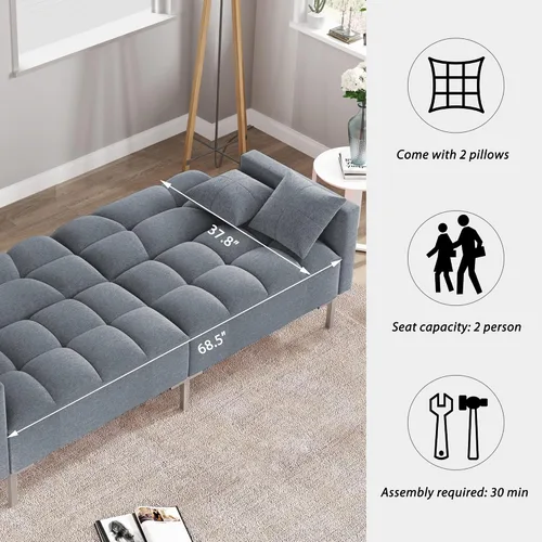 Vista 5 de Sofá cama plegable de tela moderna tapizado de lino con 2 almohadas y marco de metal para espacios pequeños compactos, dormitorio, sala de estar