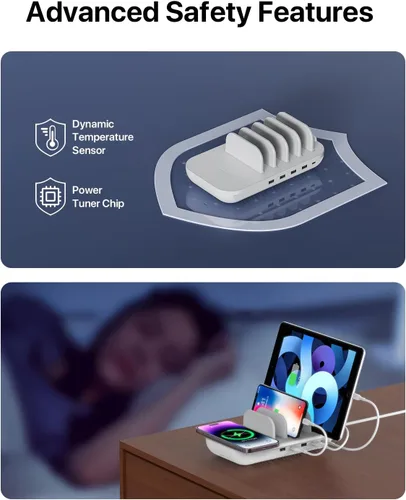 Vista 4 de SooPii Estación de carga de 70 W para múltiples dispositivos, base de carga de 5 puertos con cargador inalámbrico de 15 W, USB C PD/PPS de 25 W