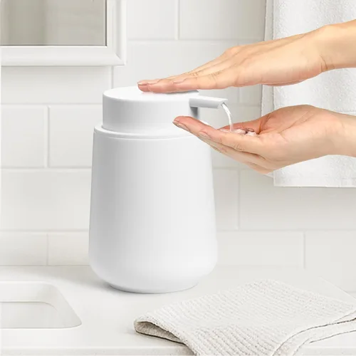Vista 2 de Dispensador de jabón líquido de manos de plástico, botella de jabón recargable de 11 onzas para encimeras de baño y cocina, moderno blanco mate