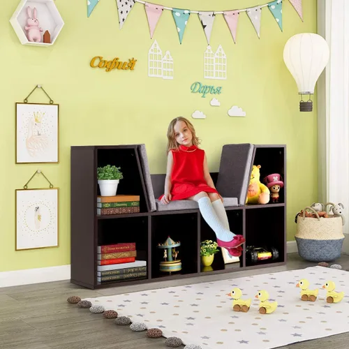 Vista 2 de Costzon Estantería infantil con rincón de lectura, estantería de 6 cubos con cojín de asiento suave, organizador de almacenamiento de juguetes