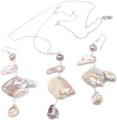 Vista 7 de Collar de cadena de flamenco abstracto de perlas de agua dulce cultivadas en malva grande de plata esterlina con relleno de oro
