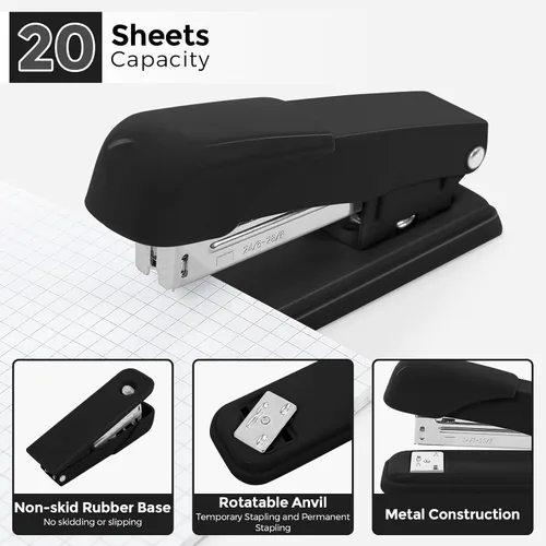 Vista 5 de SKYDUE Juego de suministros de oficina negros, accesorios de escritorio negros, grapadora, dispensador de cinta, tijeras, carpeta/clips de papel