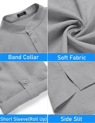 Vista 7 de COOFANDY Conjunto de lino de 2 piezas para hombre, camisa Henley, manga corta y pantalones cortos, trajes a juego para yoga y playa