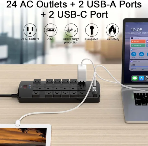 Vista 2 de QINLIANF Protector contra sobretensiones Regleta de enchufes - Cable de extensión de servicio pesado con enchufe plano de 6 pies con 24