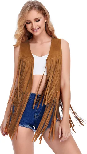 Vista 7 de Verdusa Chaleco sin mangas con borlas para mujer, estilo hippie de los años 70, de ante sintético