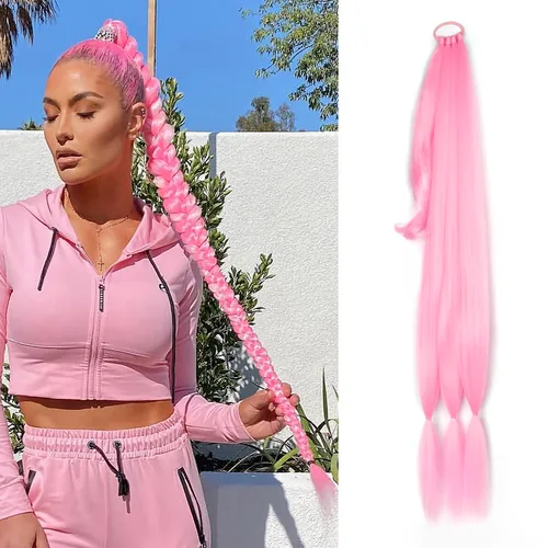 Vista 13 de Paquete de 2 extensiones de cola de caballo trenzada con lazo elástico, lacio, elegante envolvente, extensiones de cola de caballo de 26 pulgadas