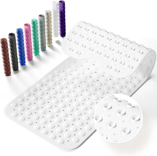 Vista 13 de Alfombrilla antideslizante para bañera, extra grande de 39x16 pulgadas con agujeros de drenaje y ventosas, lavable a máquina, color negro