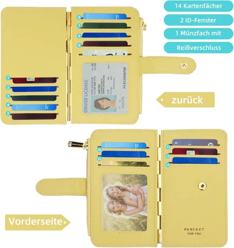 Vista 3 de PERFECB - Cartera para mujer, con bloqueo RFID, delgada, plegable, para tarjetas de crédito, con cremallera simple, Amarillo, Cartera con tarjetero