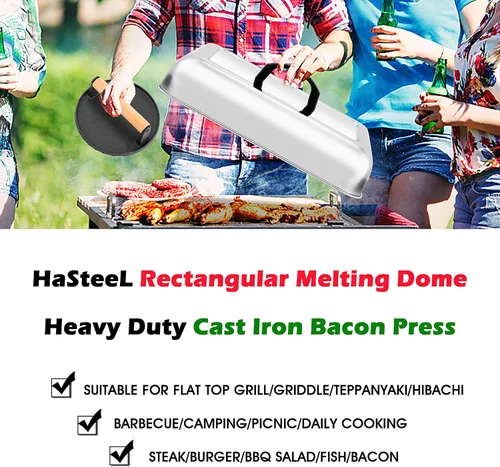 Vista 7 de HaSteeL Cúpula de fusión de 13 x 9.75 pulgadas y prensa de hamburguesa de 7 pulgadas, cubierta de vapor rectangular con prensa de tocino, accesorios