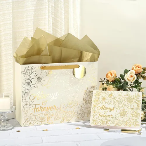 Vista 3 de Loveinside Bolsa de regalo de boda – Diseño de texto floral y siempre y para siempre con papel de seda, tarjeta de felicitación y etiqueta