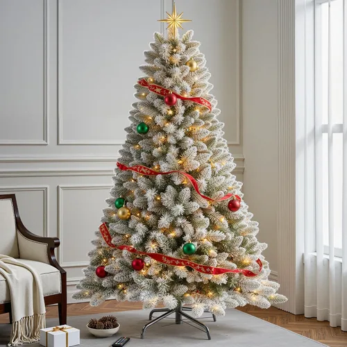 Vista 5 de Árbol de Navidad artificial de 1.8 m con nieve esmerilada preiluminada, árbol de Navidad artificial con 250 luces LED que cambian de color cálido