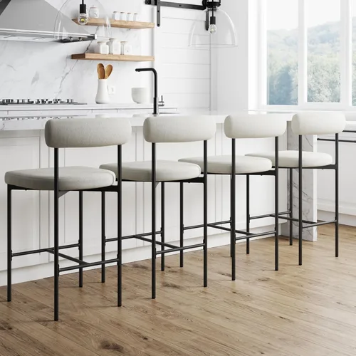 Vista 18 de Nathan James Dahlia - Silla de altura para encimera, taburete de bar moderno tapizado en bouclé con respaldo, patas de metal de mediados de siglo