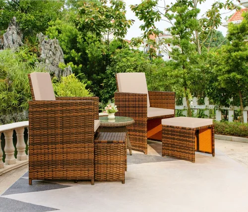 Vista 3 de Devoko Juego de 4 muebles de mimbre para patio, sillas de patio al aire libre con otomanas, sillas acolchadas para todo tipo de clima, muebles