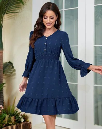 Vista 3 de Daisyaner Women's Dresses Summer Casual Dress Long Sleeve V Neck Swiss Dot Dress Smocked Short Beach Dresses