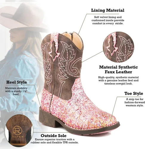Vista 7 de ROPER Botas casuales de punta cuadrada con purpurina azteca para niñas pequeñas, a media pantorrilla, color marrón, rosa