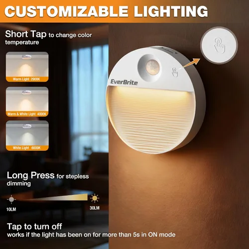 Vista 4 de EverBrite Luz Nocturna Recargable con Sensor de Movimiento LED Redonda, Luz Nocturna LED Activada por Movimiento con 3 Modos de Iluminación, Control