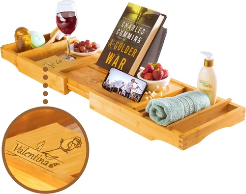 Vista 12 de Bambüsi Mesa de bandeja de bañera, plegable y ajustable, bandeja de bañera de bambú plegable, accesorios de bañera de madera, regalos únicos