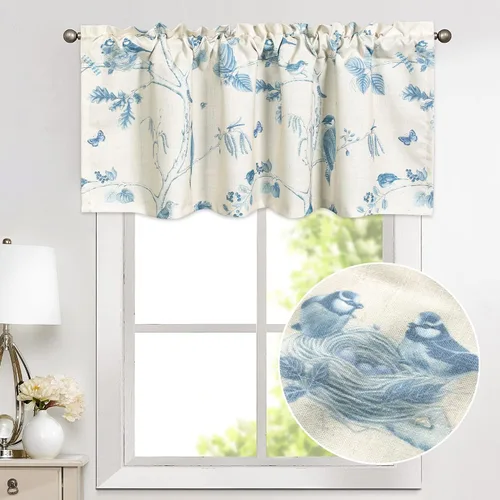 Vista 13 de VOGOL Cenefa de estilo rústico para filtrar la luz, con bolsillo para barra, cortina de cenefa de campo con estampado de pájaros para cocina, 52 x