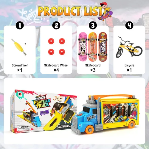 Vista 13 de Set de Parque de Patineta Hestiasko, Vehículo Camión Transformable 2-en-1 con 3 Diapasones, Bicicleta de Dedo, Rampas, Estuche de Almacenamiento