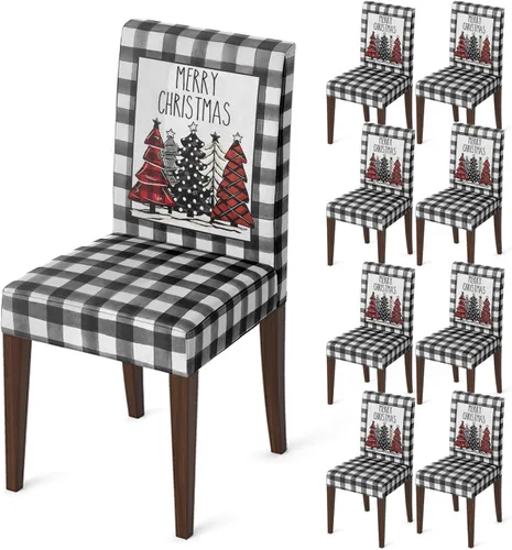 Vista 9 de Horaldaily 4 fundas para sillas de comedor de Navidad, diseño de árboles de búfalo negro, elástico, extraíble, lavable, protector de silla