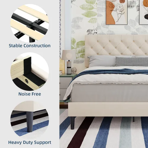 Vista 6 de BarnFurin Base de cama tamaño Queen, plataforma tapizada con cabecera capitoné con botones, marco de cama de tela con soporte de listones de madera