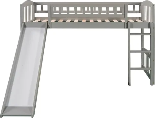 Vista 9 de Merax Cama tipo loft de tamaño individual con tobogán y escalera, marco de madera de pino macizo, gris