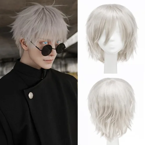 Vista 9 de S-noilite Unisex Short Cosplay Black Hair Wig Women Men Male Fluffy Straight Pixie Wigs for Cartoon Anime Comic-cons Party Halloween Costume Black