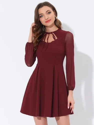 Vista 5 de Allegra K Vestido acampanado para mujer, con cuello de lazo, manga de malla gótica, minivestido