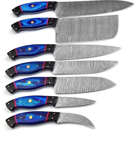 Vista 2 de Cuchillos de cocina profesionales hechos a medida de acero de Damasco, 7 piezas de cuchillos de chef de cocina profesional con estuche de bolsillo