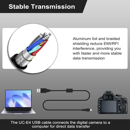 Vista 4 de Cable USB UC-E4 compatible con Nikon D40 D40X D50 D60 D70 D70S D80 D90 D100 D200 D300 D300S D610 D700 D3000 D3100 D7000 D1H D2X D2 Cámara réflex