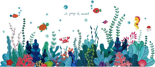 Vista 7 de Calcomanía de pared extraíble 3D bajo el mar con vista al mar, calcomanías murales de algas marinas de coral océano, decoración del hogar