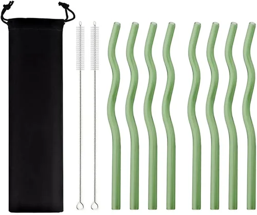 Vista 19 de JASHII Pajitas de vidrio ondulado negro – 8 piezas, 7.87 x 0.31 pulgadas, reutilizables con bolsa negra, multicolor para beber bebidas