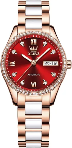 Vista 9 de OLEVS Relojes de oro rosa para mujer correa de acero inoxidable de cerámica reloj mecánico automático calendario de puntero luminoso impermeable