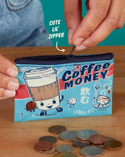 Vista 9 de Blue Q Monedero, hecho de 95% plástico reciclado. Práctica pequeña bolsa con cremallera para guardar monedas, tarjetas de regalo, auriculares, más.