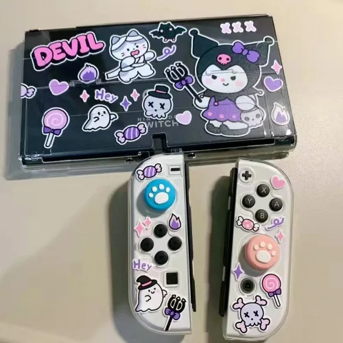 Vista 3 de ENFILY Cute Kuromi Case Compatible with Nintendo Switch OLED 2021 Dockable Case Cover Ergonomic Soft TPU Grip Case for Joycon Sparkle Skin Set with