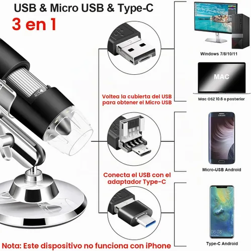 Vista 2 de Microscopio USB con cámara y soporte y estuche de transporte, microscopio digital Cainda compatible con Android, Windows, Linux, Mac, lupa portátil