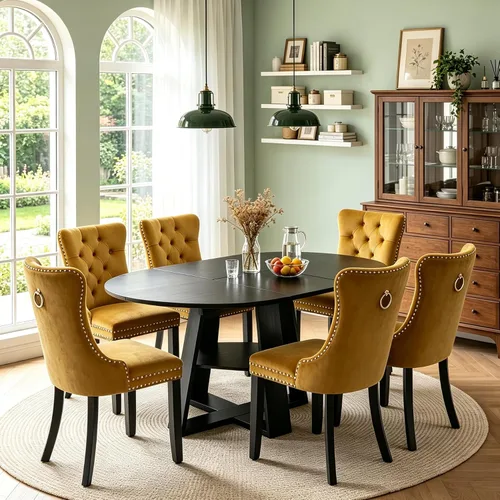 Vista 42 de Juego de 4 mesas de comedor redondas de 5 piezas para 4, 43.3 a 59 pulgadas, extensibles, redondas a ovaladas, juego de 4, mesas de comedor de Mesa