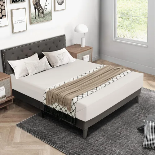 Vista 10 de KOMFOTT Base de cama tapizada tamaño matrimonial, base de cama de plataforma con cabecera copetuda y estribo acolchado suave, base de colchón